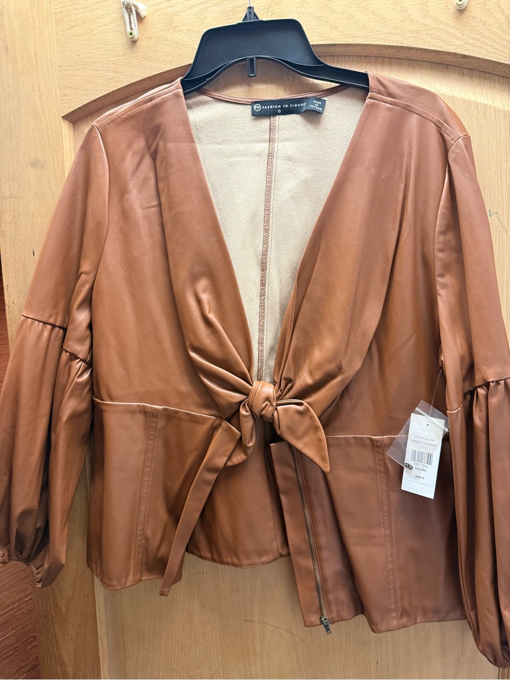 Fashion to Figure Cognac Faux Leather Tie-Front Jacket PLUS SIZE 0 fits 12-14